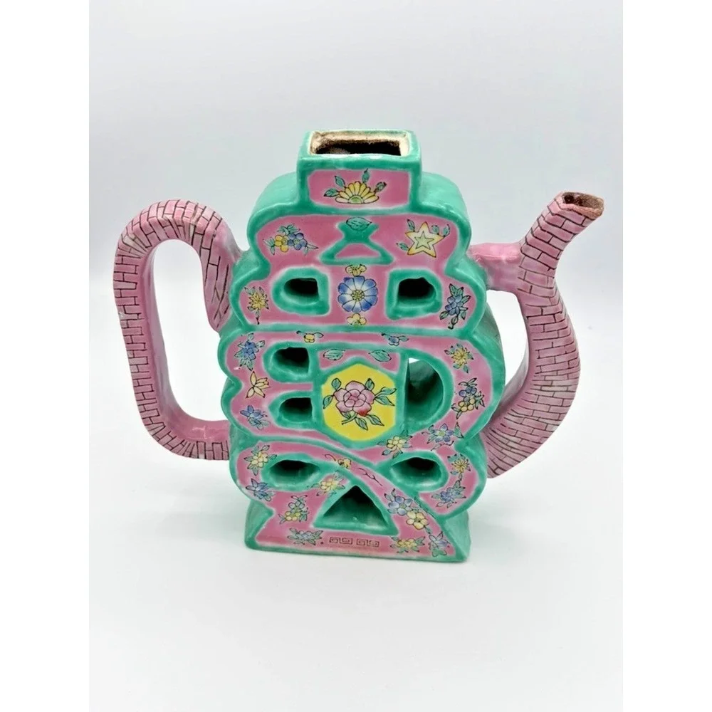 Vintage Chinese Porcelain Planter Teapot Style Pink Green Floral Decor